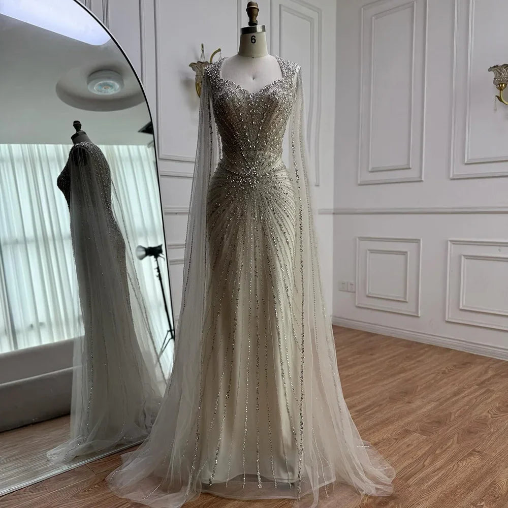 Dubai Luxus-Abendkleid mit hautfarbenen Cape-Ärmeln und Perlenbesatz LA72575A
