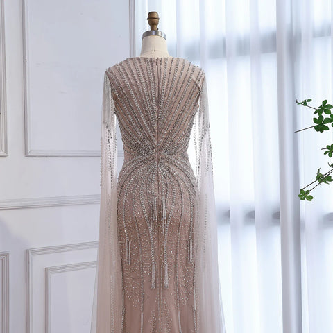 Luxury Caramel Beaded Evening Dress With Cape LA72992A
