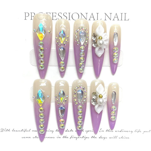 10pcs Full Shiny Diamond Handmade False Nails Light Luxury Long Pointed Press On Nails Full Cover Y2k Fake Nail New Year Gifts