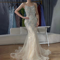 Luxuriöses, nudefarbenes, rosafarbenes Meerjungfrauen-Abendkleid mit Kristallquasten LA72772