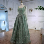 Luxuriöses, salbeigrünes, perlenbesetztes Abendkleid mit langen Ärmeln LA72805B 