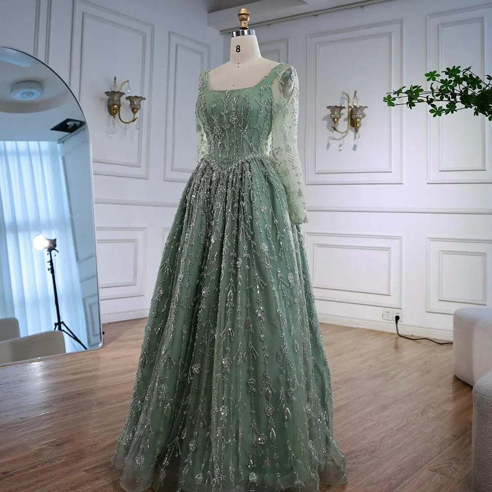 Luxuriöses, salbeigrünes, perlenbesetztes Abendkleid mit langen Ärmeln LA72805B 