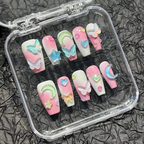 10 Stück abnehmbare Press-on-Nägel, Zuckercreme, funkelnde handgemachte künstliche Nägel, glänzend lila, falsche Nagelspitzen mit 3D-Mond-Stern-Design 