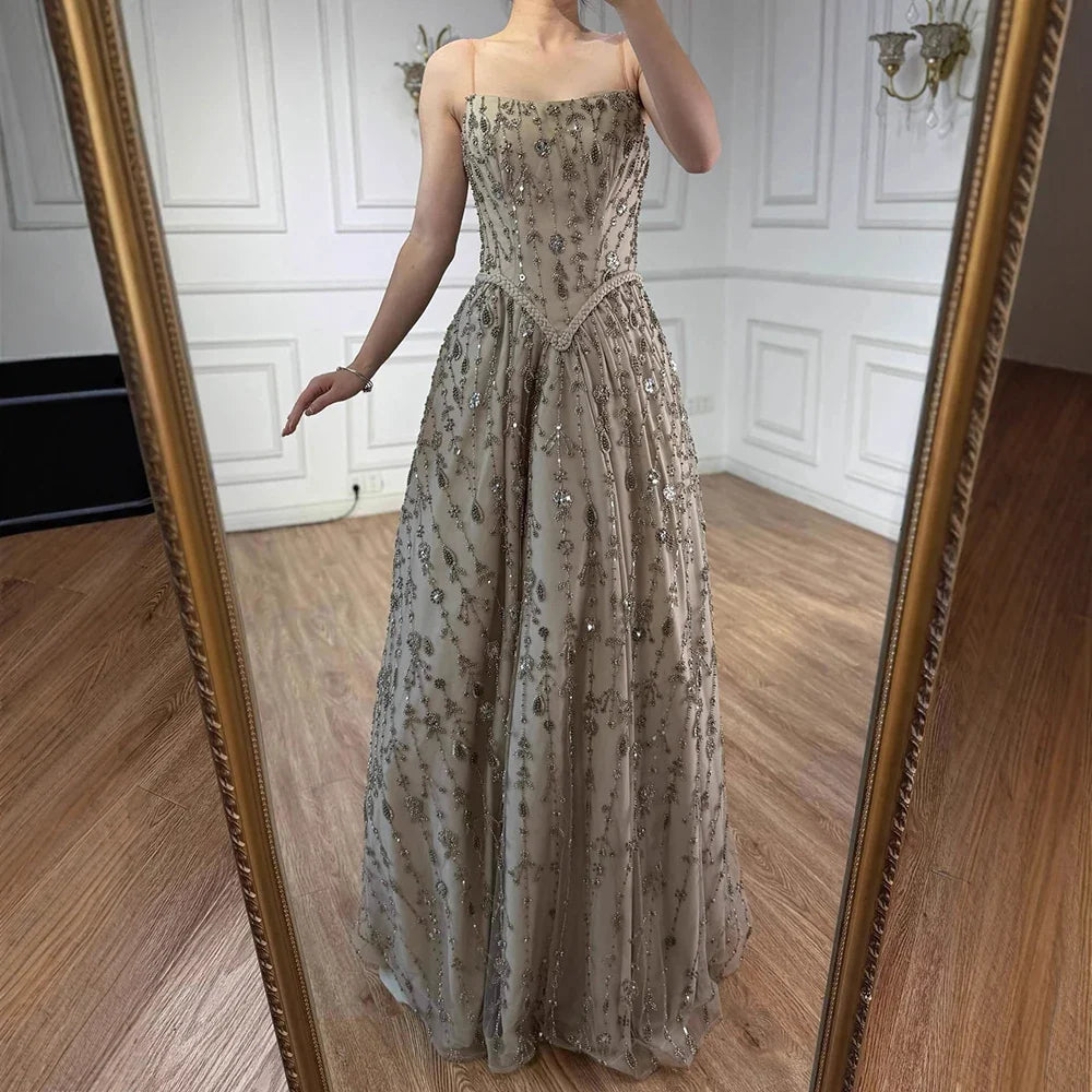 Vestido de noche de lujo verde salvia con cuentas, corte A y tirantes finos LA72805 