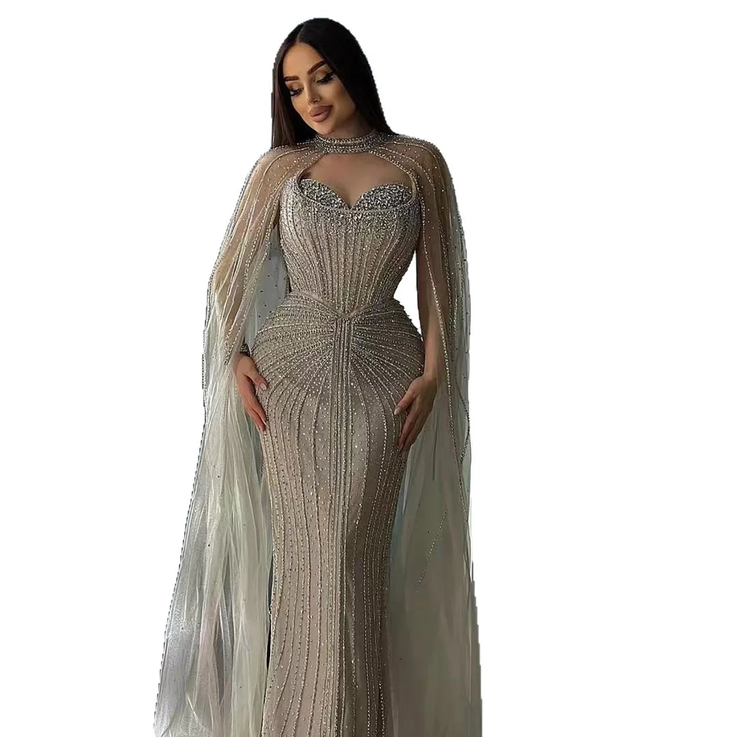 Luxuriöses, karamellfarbenes, perlenbesetztes Abendkleid mit Cape aus Dubai LA72811C