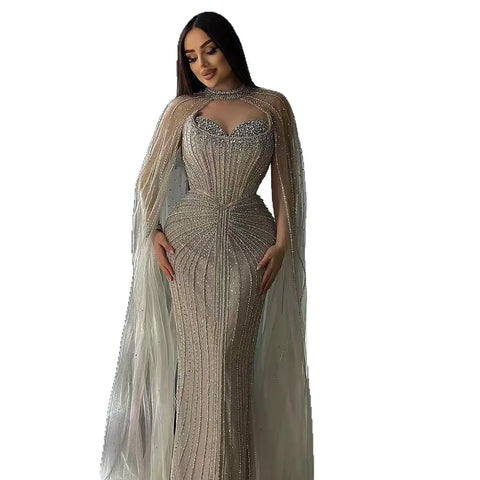 Luxury Dubai Caramel Beaded Evening Dress With Cape LA72811C