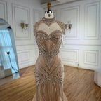 Luxuriöses, nudefarbenes, perlenbesetztes Meerjungfrauen-Abendkleid mit hohem Kragen, LA72897 