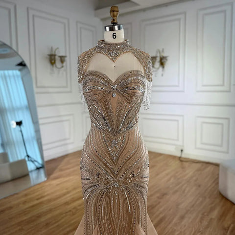 Luxury Nude Beaded High Neck Mermaid Evening Dress LA72897