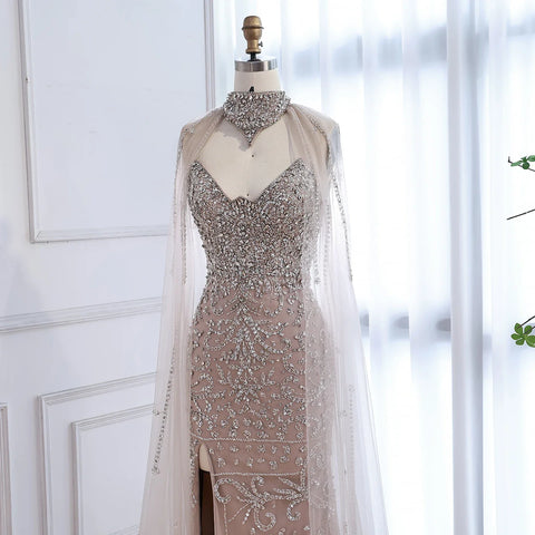 Luxury Sexy Split Evening Dress With Cape Nude LA73339