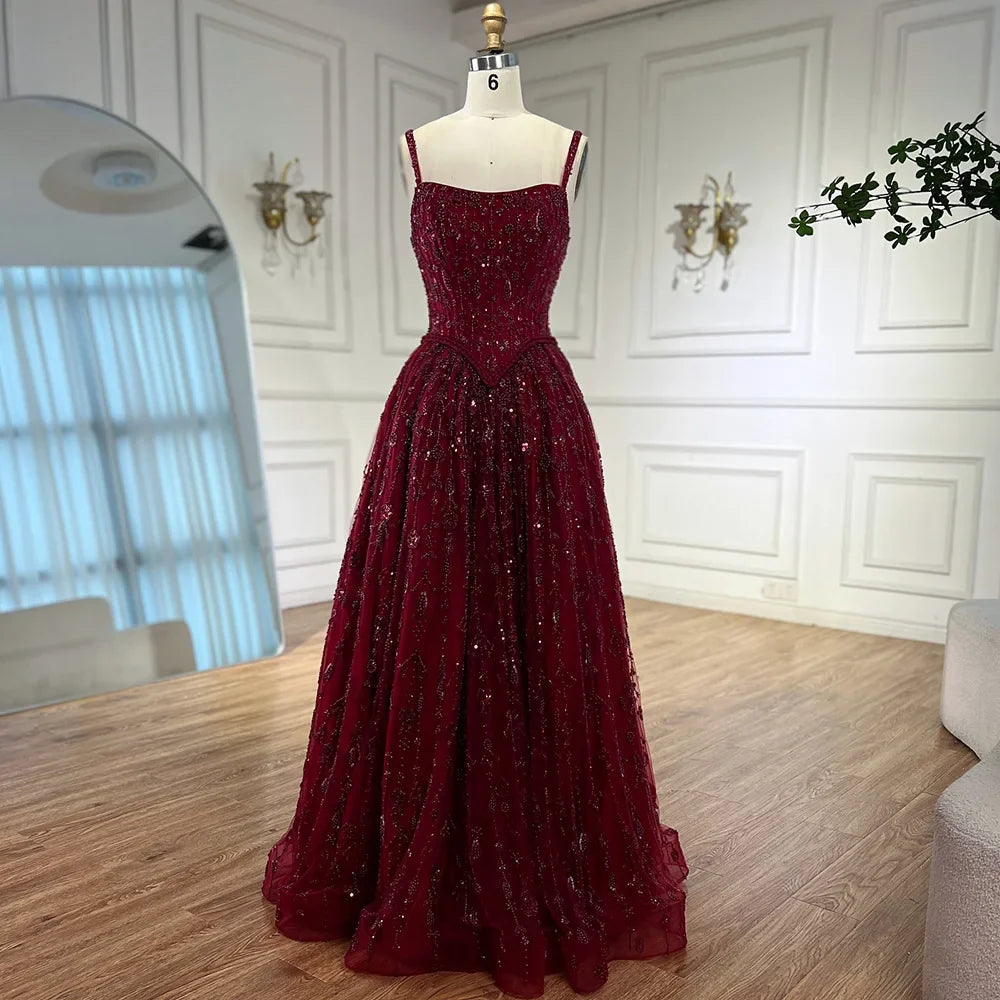 Vestido de noche de lujo verde salvia con cuentas, corte A y tirantes finos LA72805 