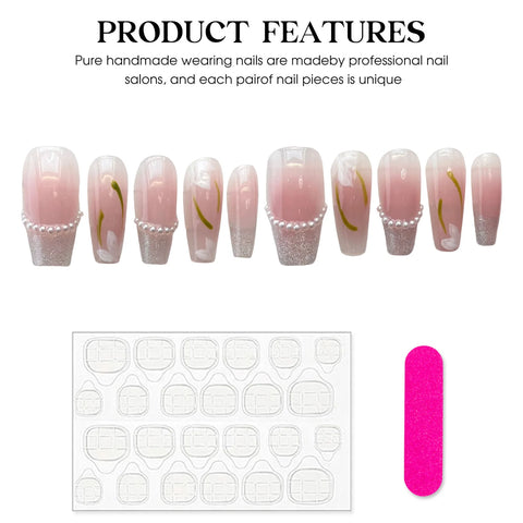 10 Stück Blush Pink Press On Nails Handgemachte tragbare Fake Nail Patches mit Perlenblume Design im koreanischen Stil Falsche Nagelspitzen 