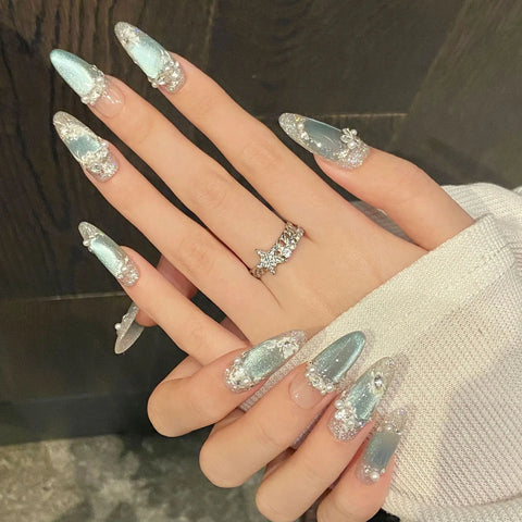 10 Stück leichte, luxuriöse, handgefertigte künstliche Nägel, glänzendes blaues Katzenauge, Mandel-Faltnägel, Perlen-Diamant-Flash-Silberpulver, zum Aufdrücken des Nagels 