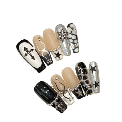 10 uñas postizas francesas negras Y2k hechas a mano con diseño de cocodrilo y estrella de cinco puntas, estilo punk de metal, manicura DIY. 
