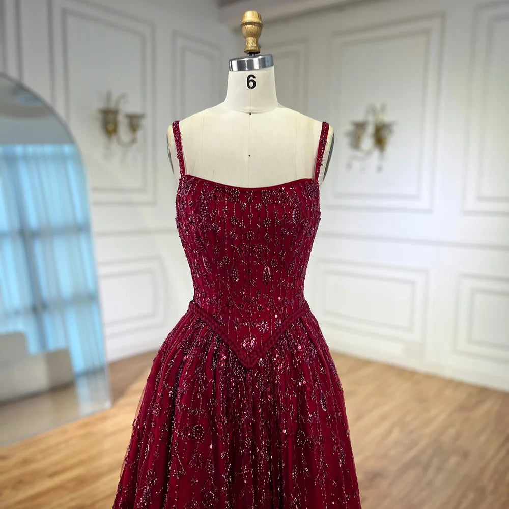 Vestido de noche de lujo verde salvia con cuentas, corte A y tirantes finos LA72805 