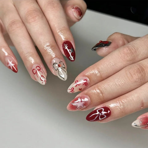 24 uñas postizas con diseño de tulipán en color negro, francés, rubor, almendra y lazos, con bonitos diseños de conejos Y2K. 