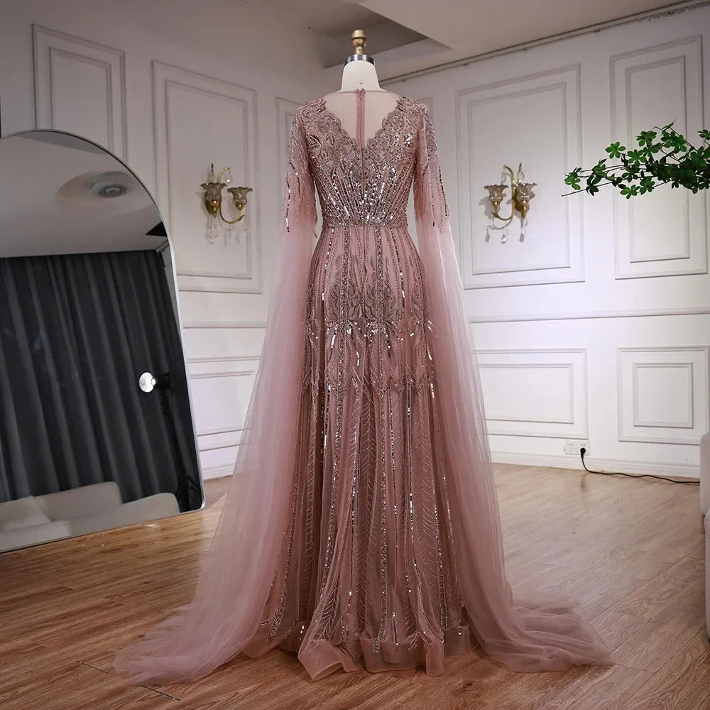 Elegante vestido de noche de corte A con cuentas y mangas estilo capa LA73056