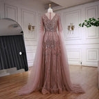 Elegante vestido de noche de corte A con cuentas y mangas estilo capa LA73056