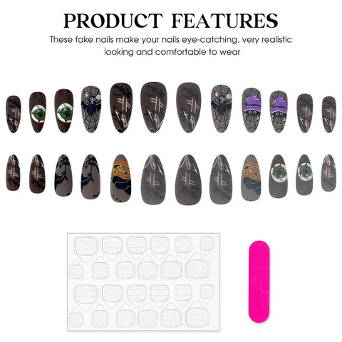 24 uñas postizas artificiales mate con diseño de murciélago, araña, calabaza y globo ocular para Halloween, uñas postizas almendradas usables. 