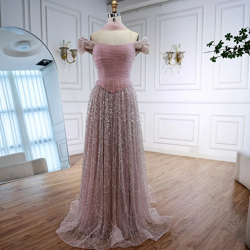 Vestido de noche árabe de lujo con cuentas de perlas rosas y capa LA72922