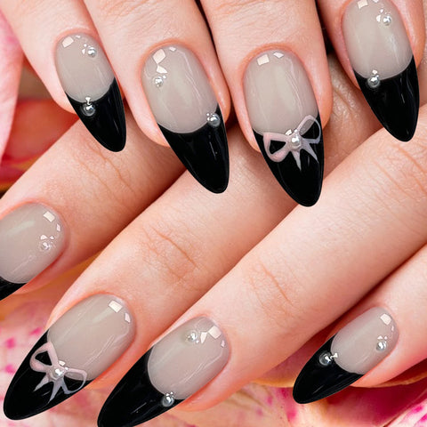10 uñas postizas francesas negras con lazo, hechas a mano, brillantes, cortas, almendradas, para usar en salón de belleza. 