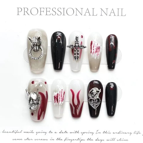 10 uñas postizas hechas a mano estilo punk Y2k con cadena de metal plateada y negra, uñas postizas de prensa, uñas de ataúd medianas, manicura desmontable. 