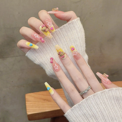 10 uñas postizas hechas a mano, estilo francés, rosas y amarillas, largas, estilo ataúd, 3D, con lazos de gato, decoración de uñas postizas, manicura artística. 