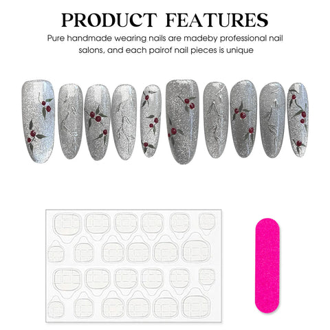 10pcs Handmade Sliver Fake Nails Long Almond Flash Cat's Eye Press On Nails Hand Painted Cherry Designs False Nail For Women