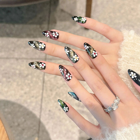 10 Stück bunte künstliche Nägel mit Blumenmalerei, handgefertigt, Aurora Black Press On Nails, abnehmbare mandelförmige künstliche Nagelspitzen für coole Mädchen 