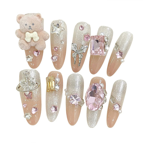 10 uñas postizas hechas a mano con purpurina, diamantes, mariposas, oso, decoración, estilo francés, parches para uñas postizas. 