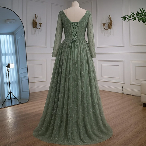 Luxury Sage Green Beaded Evening Dress with Long Sleeves LA72805B