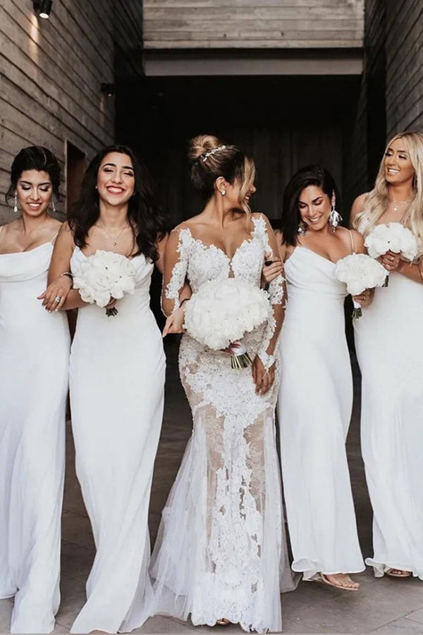 Sheath/Column Cowl Neck Spaghetti Straps Ivory Bridesmaid Dresses