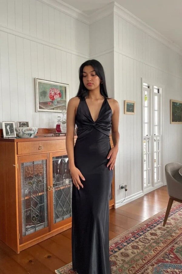 Scheide Satin V-Ausschnitt Lange Ballkleider mit Schleife Langes Abendkleid
