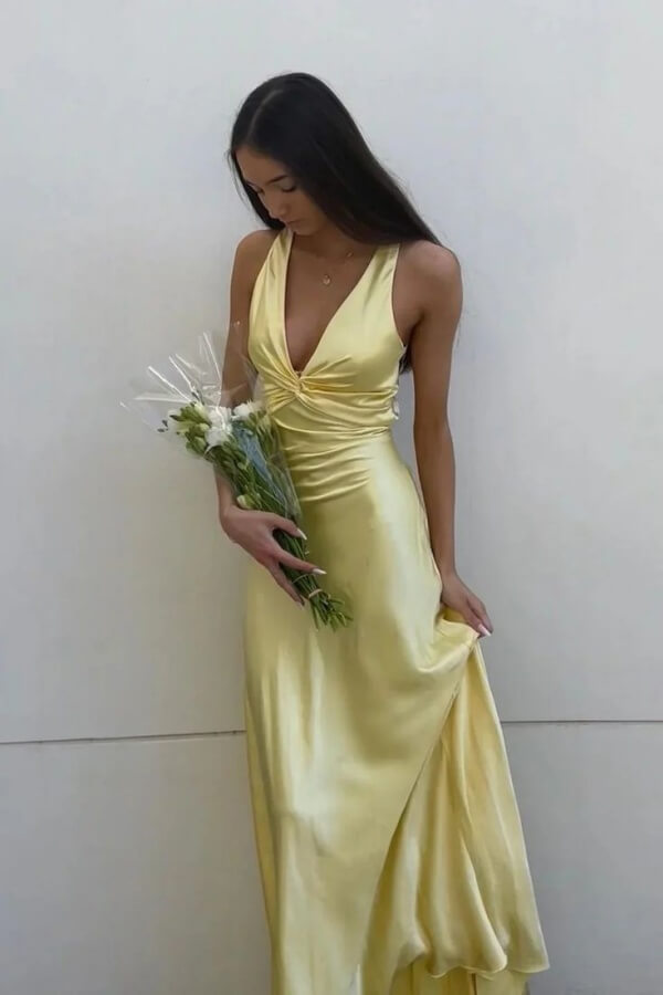 Scheide Satin V-Ausschnitt Lange Ballkleider mit Schleife Langes Abendkleid