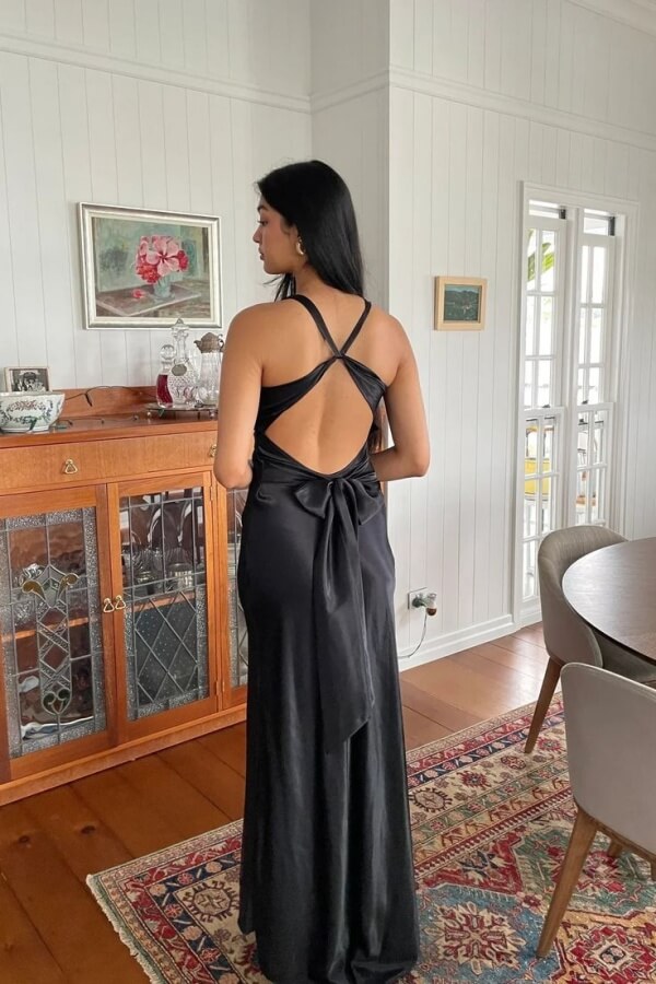 Scheide Satin V-Ausschnitt Lange Ballkleider mit Schleife Langes Abendkleid