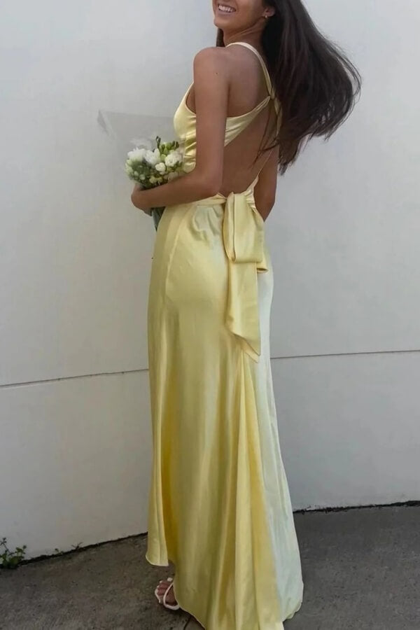 Scheide Satin V-Ausschnitt Lange Ballkleider mit Schleife Langes Abendkleid