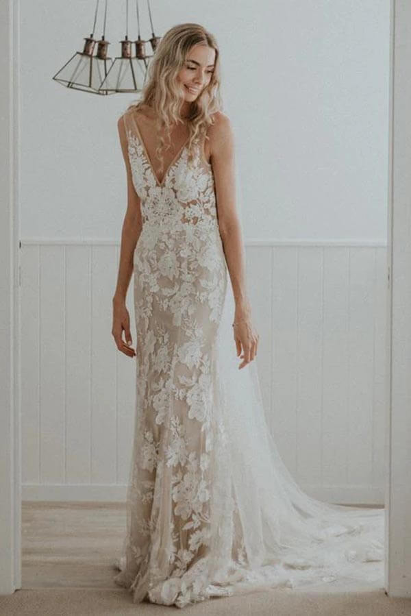 Vestidos de novia de encaje con escote en V y cola capilla, vestidos de novia