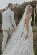 Vestidos de novia de encaje con escote en V y cola capilla, vestidos de novia