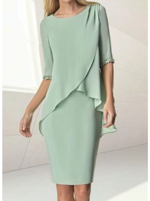 Etui-/Säulenkleid mit Rundhalsausschnitt, knielang, halblangen Ärmeln und Perlenstickerei/Rüschen für die Mutter der Braut 