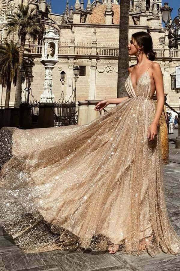 Shiny A-line V-neck Spaghetti Straps Long Prom Dresses, Evening Gown