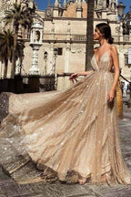 Shiny A-line V-neck Spaghetti Straps Long Prom Dresses, Evening Gown