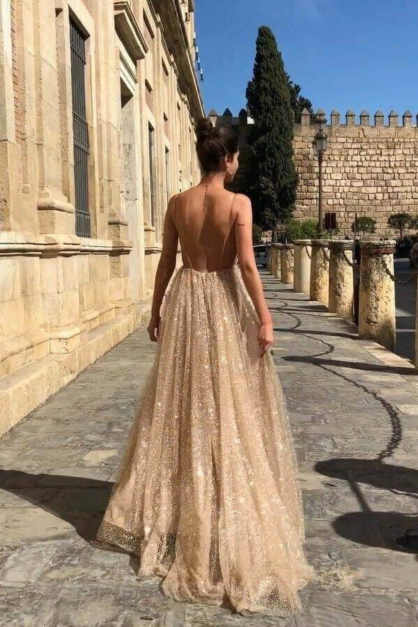 Shiny A-line V-neck Spaghetti Straps Long Prom Dresses, Evening Gown