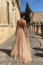 Shiny A-line V-neck Spaghetti Straps Long Prom Dresses, Evening Gown