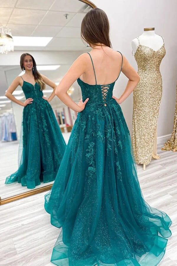 Shiny A-line Spaghetti Straps Prom Dresses With Appliques