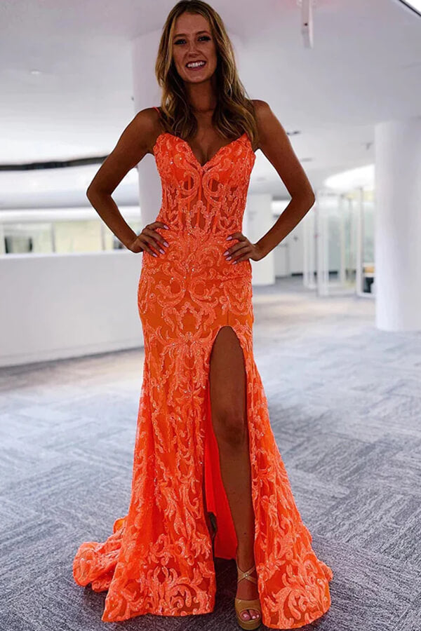 Shiny Mermaid V-neck Lace Prom Dresses With Slit Party Dress