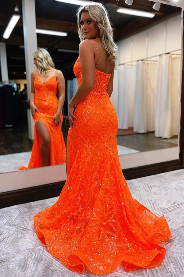 Shiny Mermaid V-neck Lace Prom Dresses With Slit Party Dress