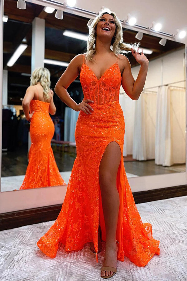 Shiny Mermaid V-neck Lace Prom Dresses With Slit Party Dress