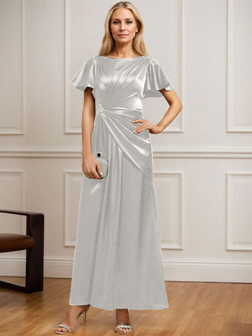 A-Linien-Kleid aus Stretch-Satin mit Rundhalsausschnitt und knöchellanger Verarbeitung für die Mutter der Braut, verziert mit plissierten Perlen. 