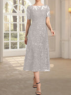 A-Linien-Kleid mit Rundhalsausschnitt, Illusion-Ausschnitt, Teelänge, Spitze und Pailletten für die Mutter der Braut