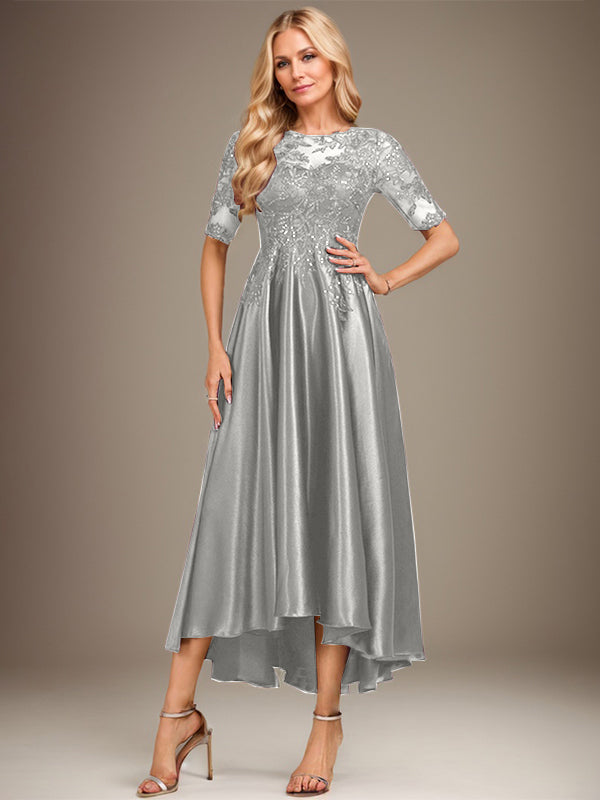 Vestido de madre de la novia de encaje satinado elástico asimétrico con ilusión de escote en A y lentejuelas 