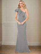 Vestido de gasa para madre de la novia, corte A, un hombro, largo hasta el suelo, con volantes 